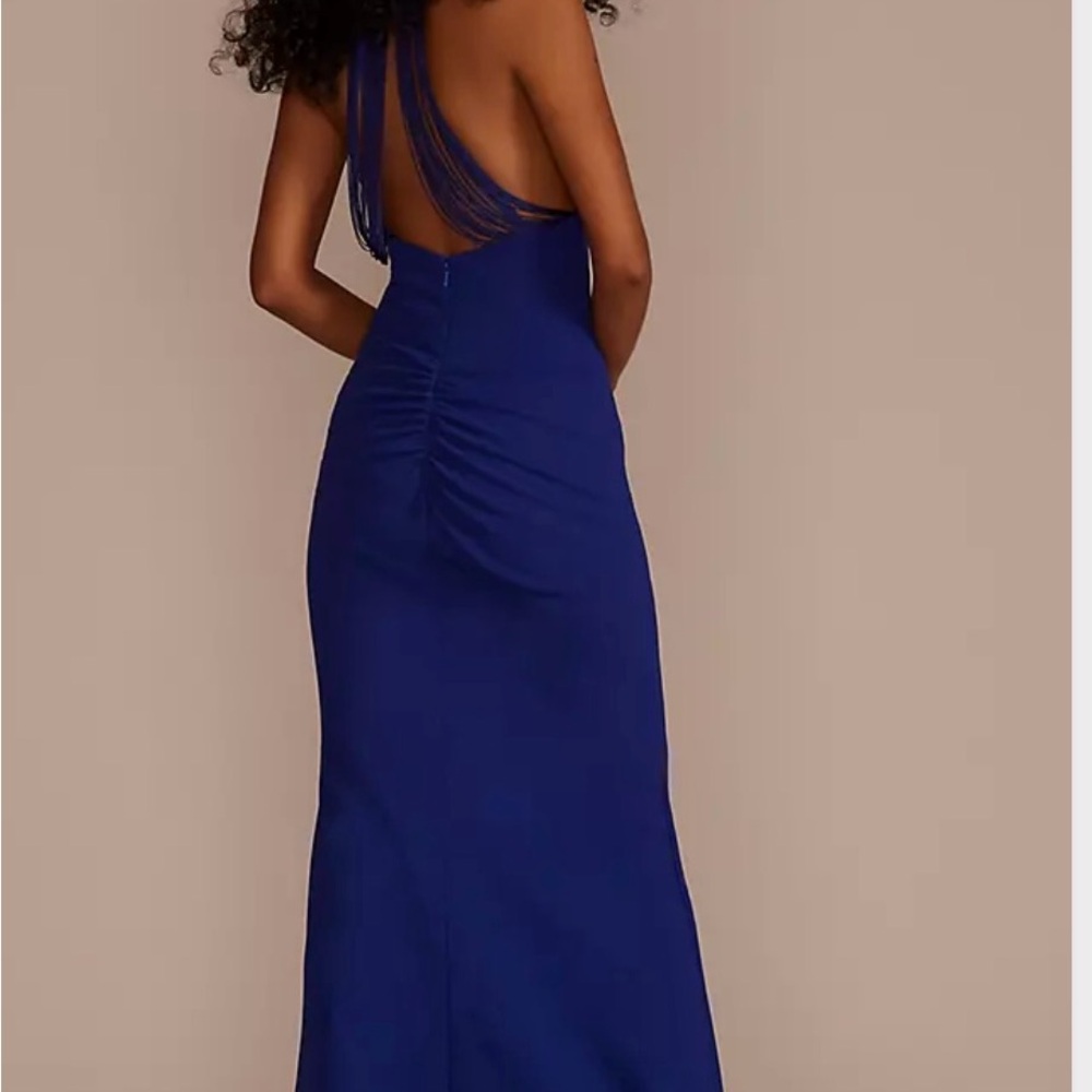 Crepe Halter Sheath with Fringe Back -
Cobalt / 6